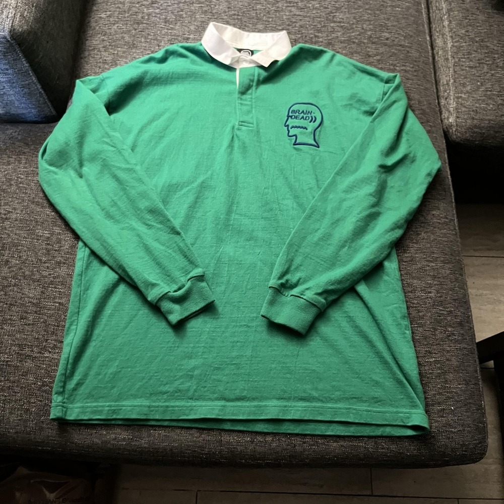 Brain Dead Rugby Polo Shirt Mens Large Green Long Sleeve Logo Collar Casual